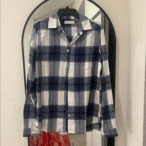 Women’s Blue and White Plaid Button-Down Shirt